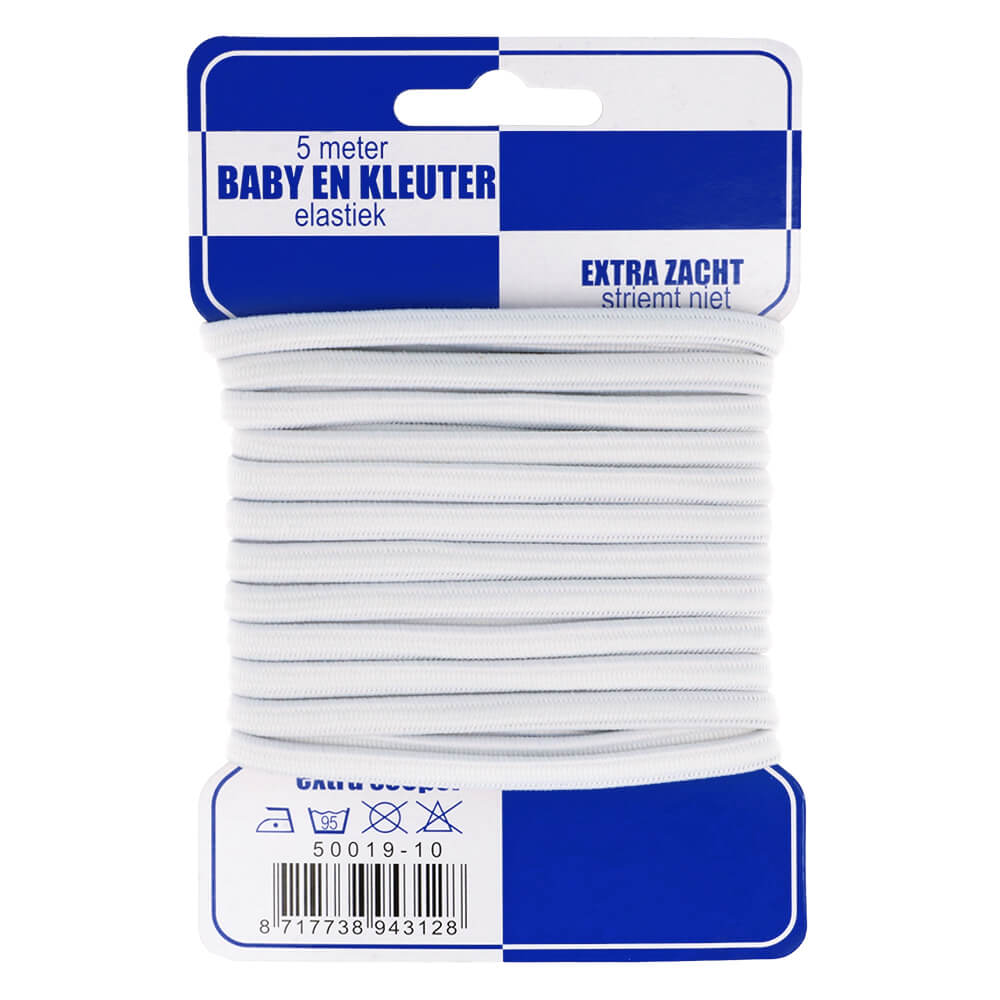 Blauwe kaart baby-kleuter elastiek 6mm wit5m