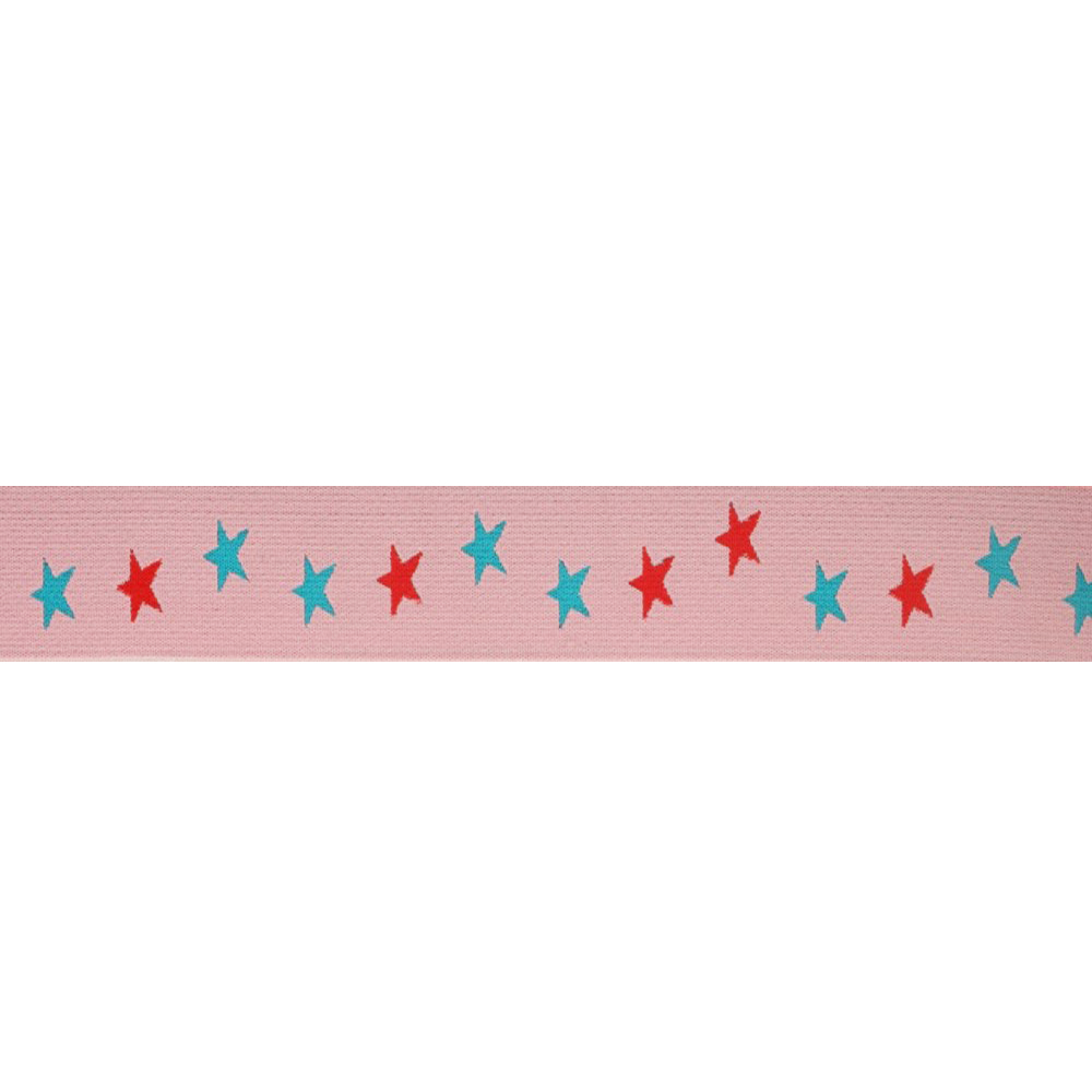 Elastiek roze met blauw-rode sterren 40mm