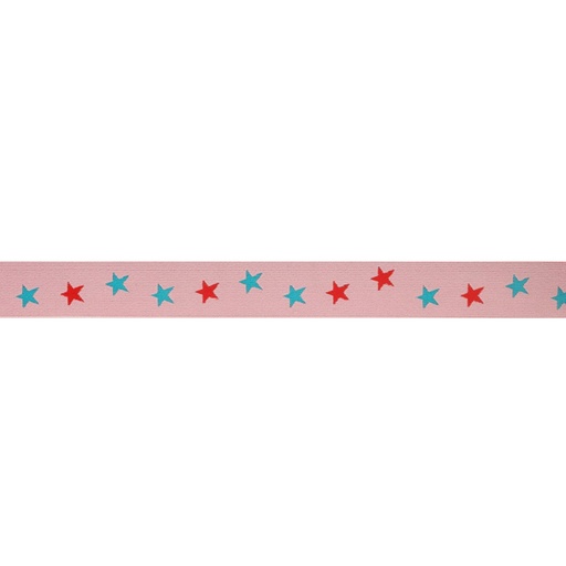 [78520] Elastiek roze met blauw-rode sterren 25mm